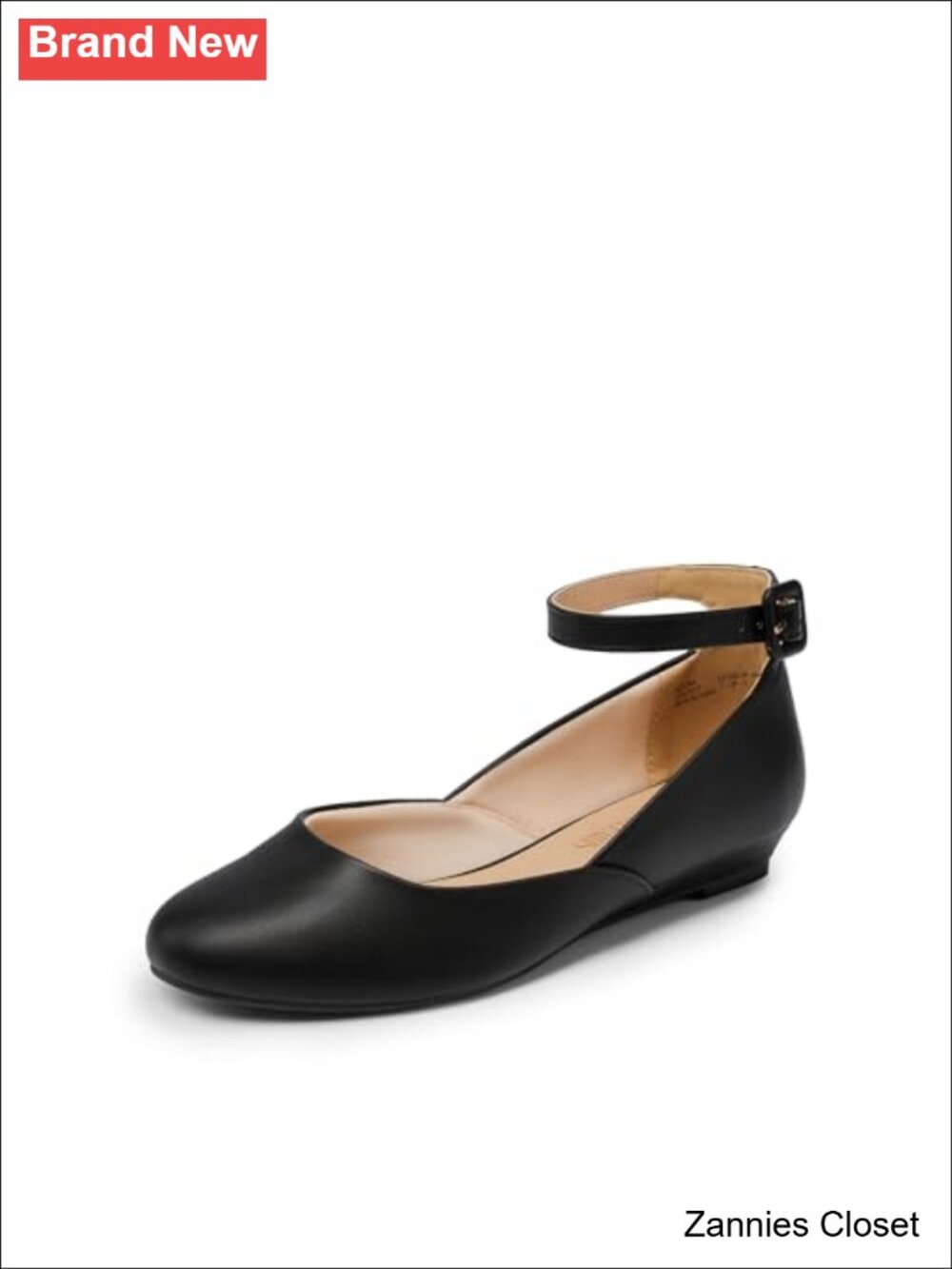โจ Women's Dress Flats Ballet Low Wedge Faux Leather Round Toe Ankle Strap